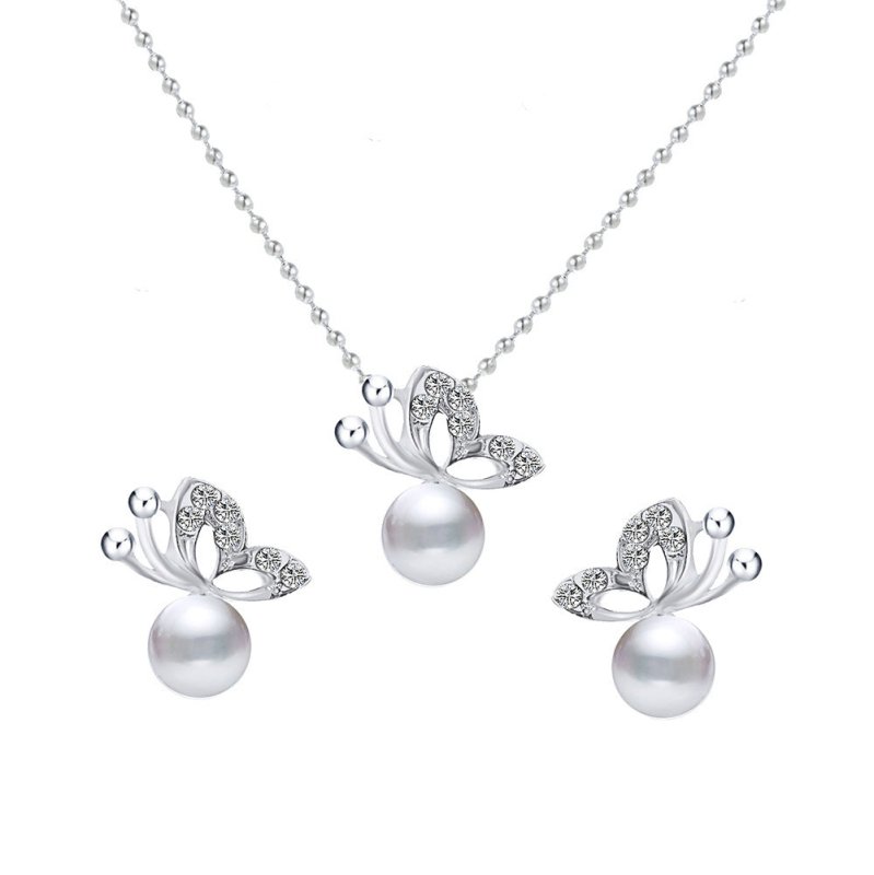 Fashion Simple Full Diamond Butterfly Pearl Earrings Necklace Set-Jewearrings