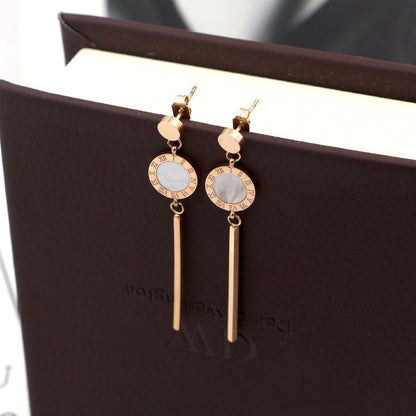 Fashion Small Golden Bean Hanging Roman Numeral Shell Stick Long Rose Gold Earrings-Jewearrings