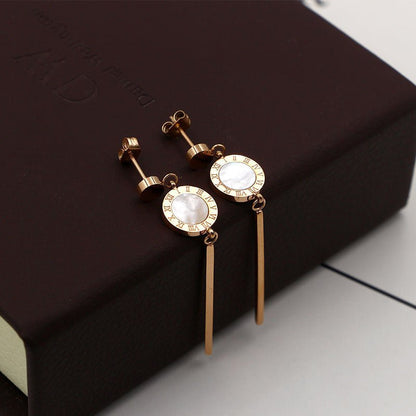 Fashion Small Golden Bean Hanging Roman Numeral Shell Stick Long Rose Gold Earrings-Jewearrings