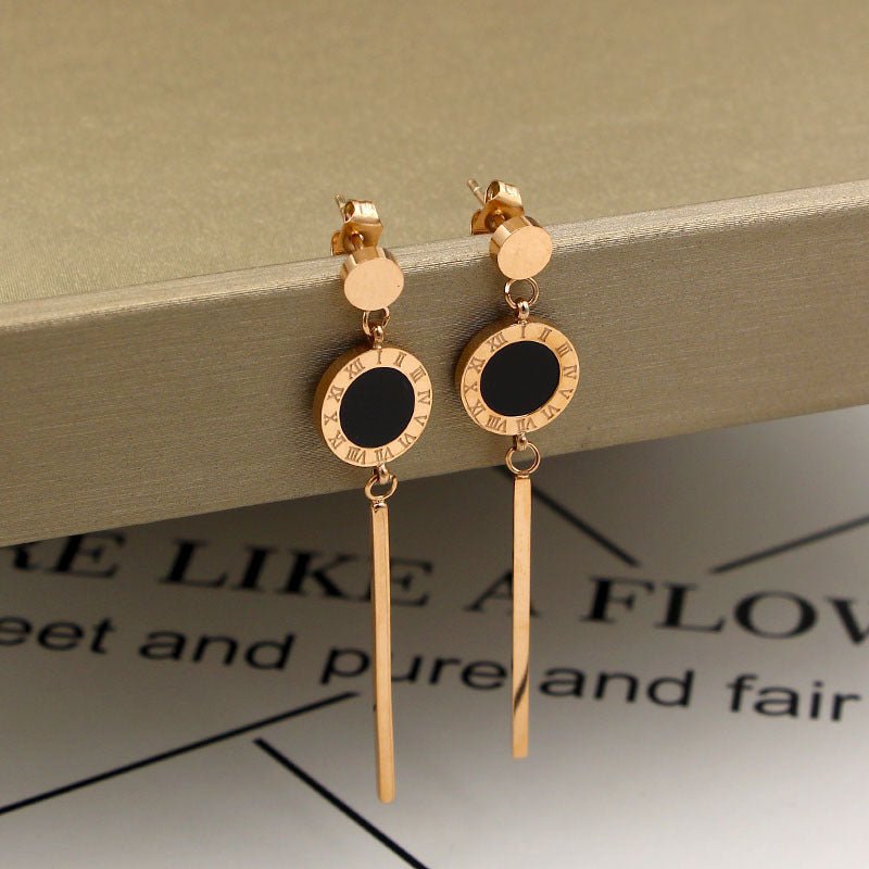 Fashion Small Golden Bean Hanging Roman Numeral Shell Stick Long Rose Gold Earrings-Jewearrings