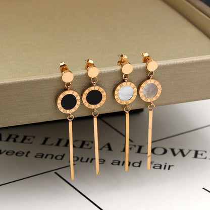 Fashion Small Golden Bean Hanging Roman Numeral Shell Stick Long Rose Gold Earrings-Jewearrings