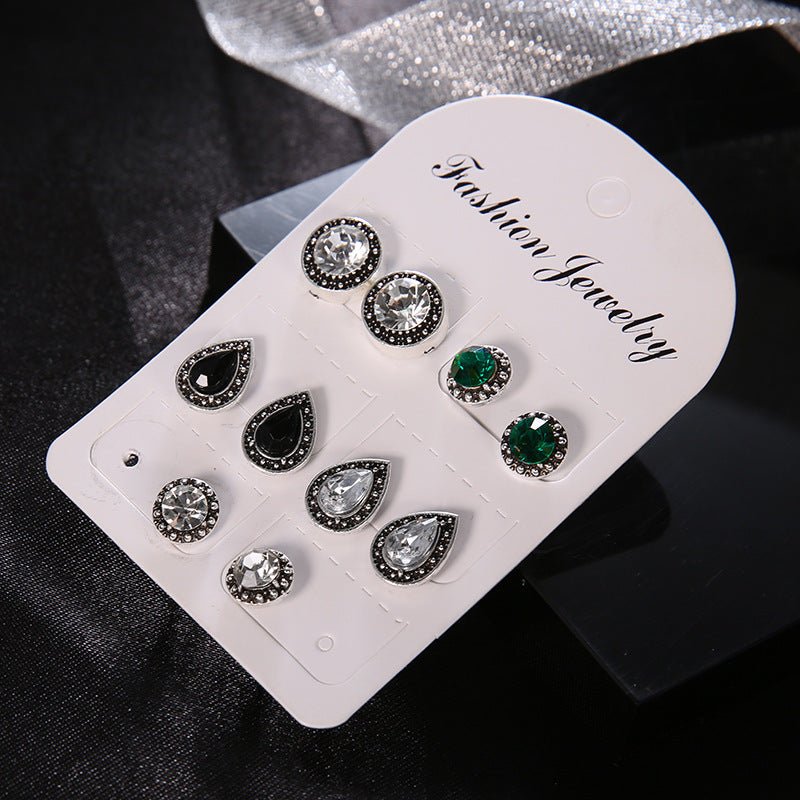 Fashionable 5 Pairs Of Jewelry Brilliant Blue, White And Black Gemstone Crystal Earrings-Jewearrings