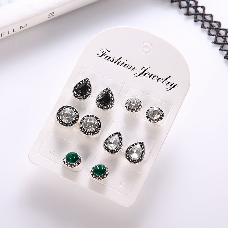 Fashionable 5 Pairs Of Jewelry Brilliant Blue, White And Black Gemstone Crystal Earrings-Jewearrings