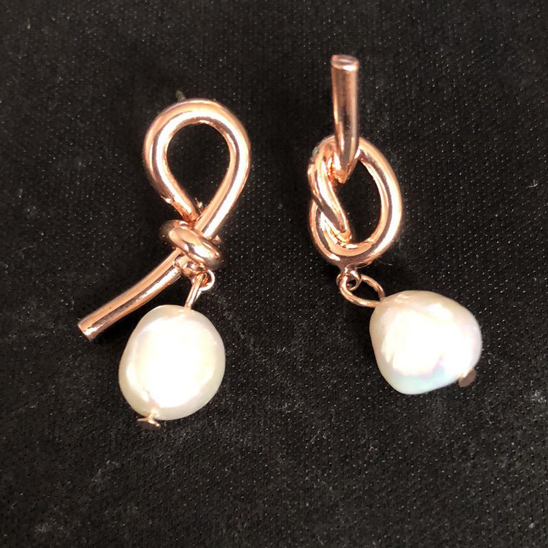 Fashionable All-match Asymmetric Knotted Pearl Eardrops Earrings-Jewearrings