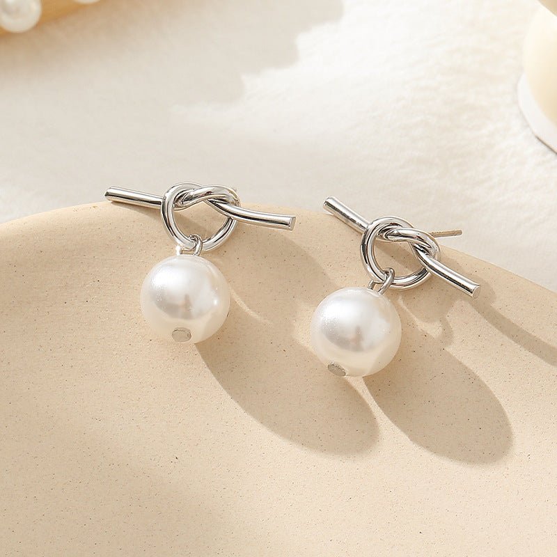 Fashionable All-match Asymmetric Knotted Pearl Eardrops Earrings-Jewearrings