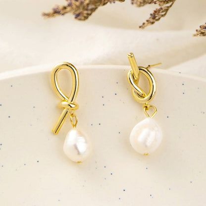 Fashionable All-match Asymmetric Knotted Pearl Eardrops Earrings-Jewearrings