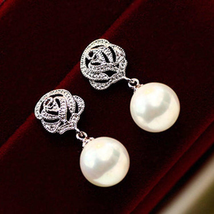 Fashionable diamond zircon Rose Pearl Earrings-Jewearrings