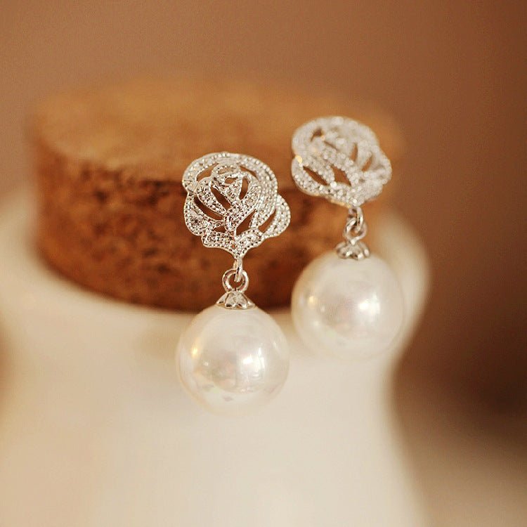 Fashionable diamond zircon Rose Pearl Earrings-Jewearrings