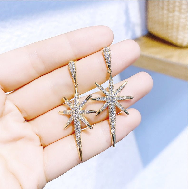 Fashionable Feminine Eight-pointed Star Long Silver Needle Earrings-Jewearrings