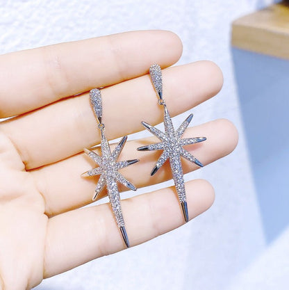 Fashionable Feminine Eight-pointed Star Long Silver Needle Earrings-Jewearrings