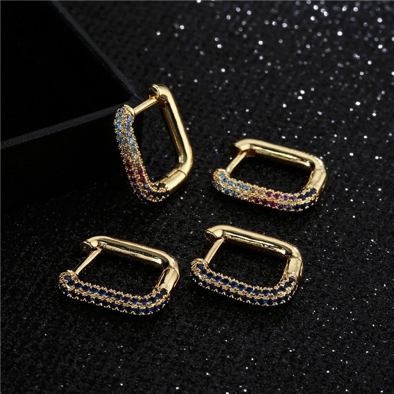 Fashionable Simple And Compact Real Gold Electroplated Copper Micro-Inlaid Zircon Geometric Earrings-Jewearrings