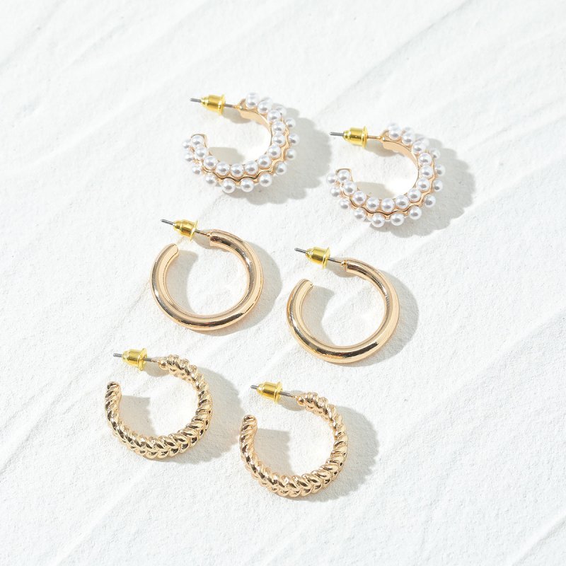 Faux Pearl Hoop Alloy Earrings Set-Jewearrings