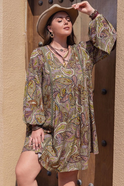 Plus Size Printed V-Neck Long Sleeve Midi Dress-Jewearrings