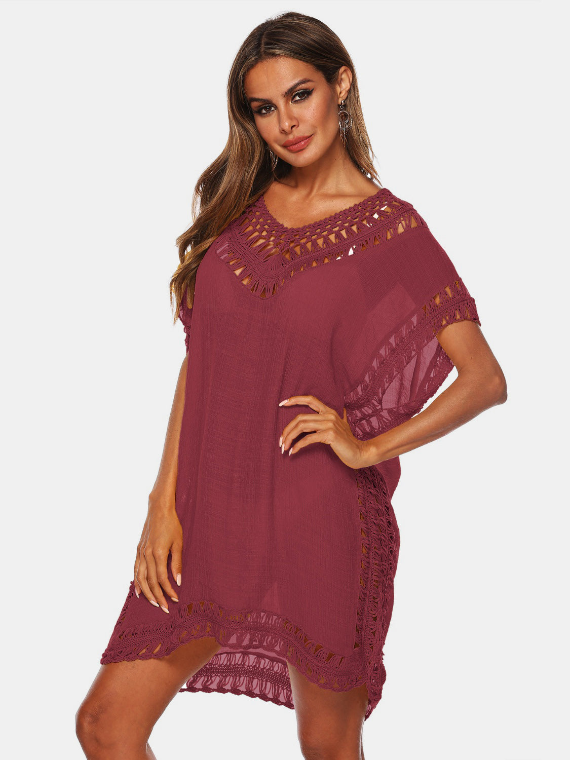 Cutout V-Neck Short Sleeve Cover-Up-Jewearrings