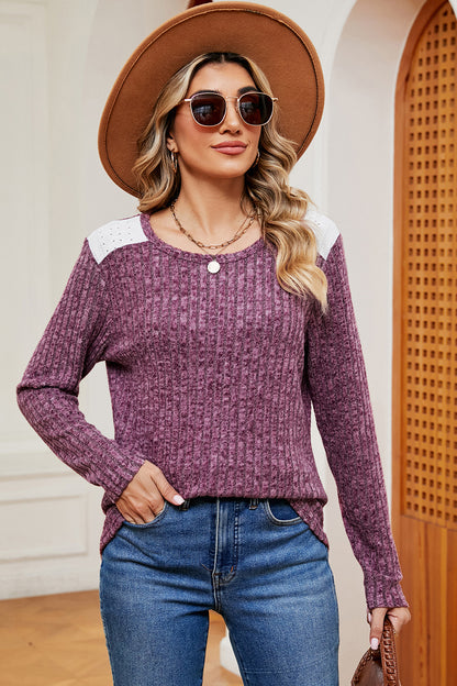 Eyelet Ribbed Round Neck Long Sleeve T-Shirt-Jewearrings