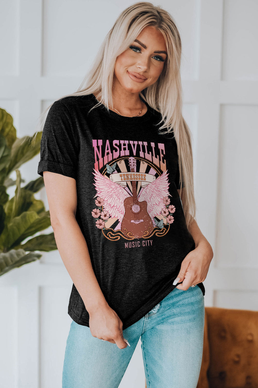 NASHVILLE TENNESSEE MUSIC CITY Graphic Round Neck Tee-Jewearrings