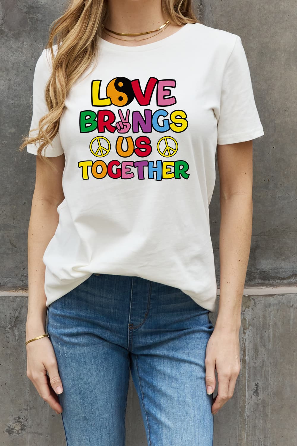 Simply Love Full Size LOVE BRINGS US TOGETHER Graphic Cotton Tee-Jewearrings