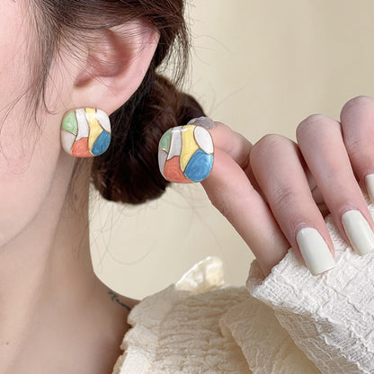 Silver Needle Cool Contrast Color Oil Painting Style Stud Earrings Retro-Jewearrings