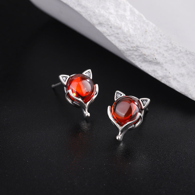 S925 Sterling Silver Little Red Fox Garnet Creative Earrings-Jewearrings