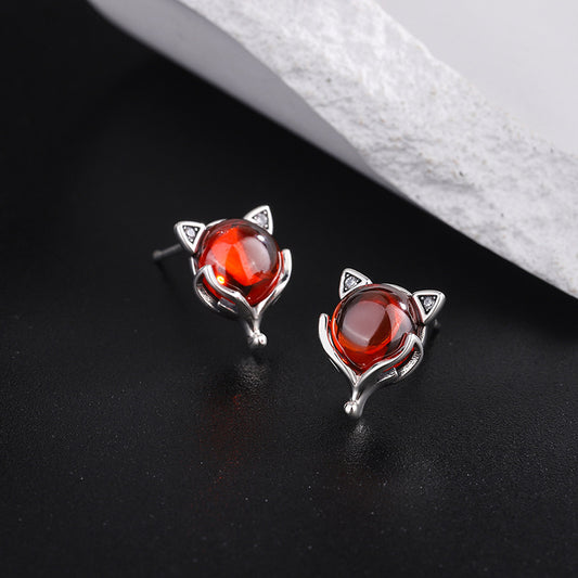 S925 Sterling Silver Little Red Fox Garnet Creative Earrings-Jewearrings