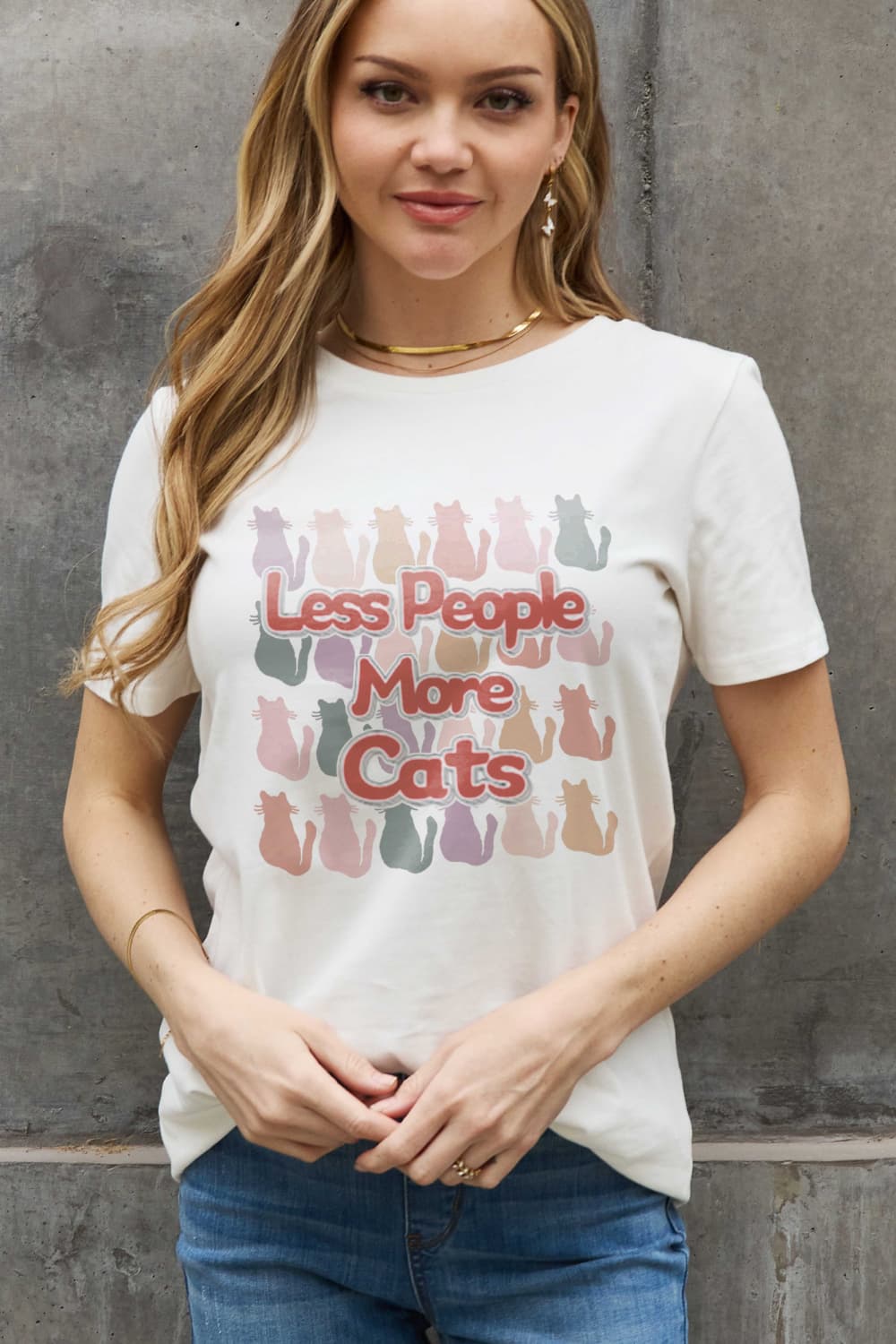 Simply Love Full Size LESS PEOPLE MORE CATS Graphic Cotton Tee-Jewearrings