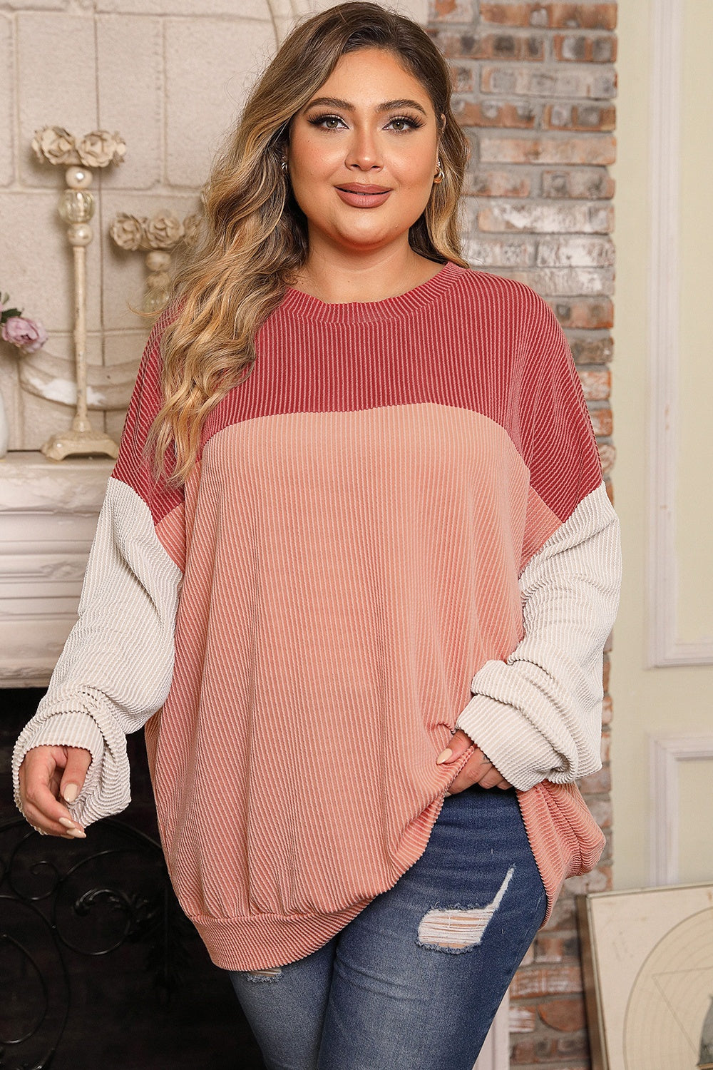 Plus Size Color Block Long Sleeve Top-Jewearrings