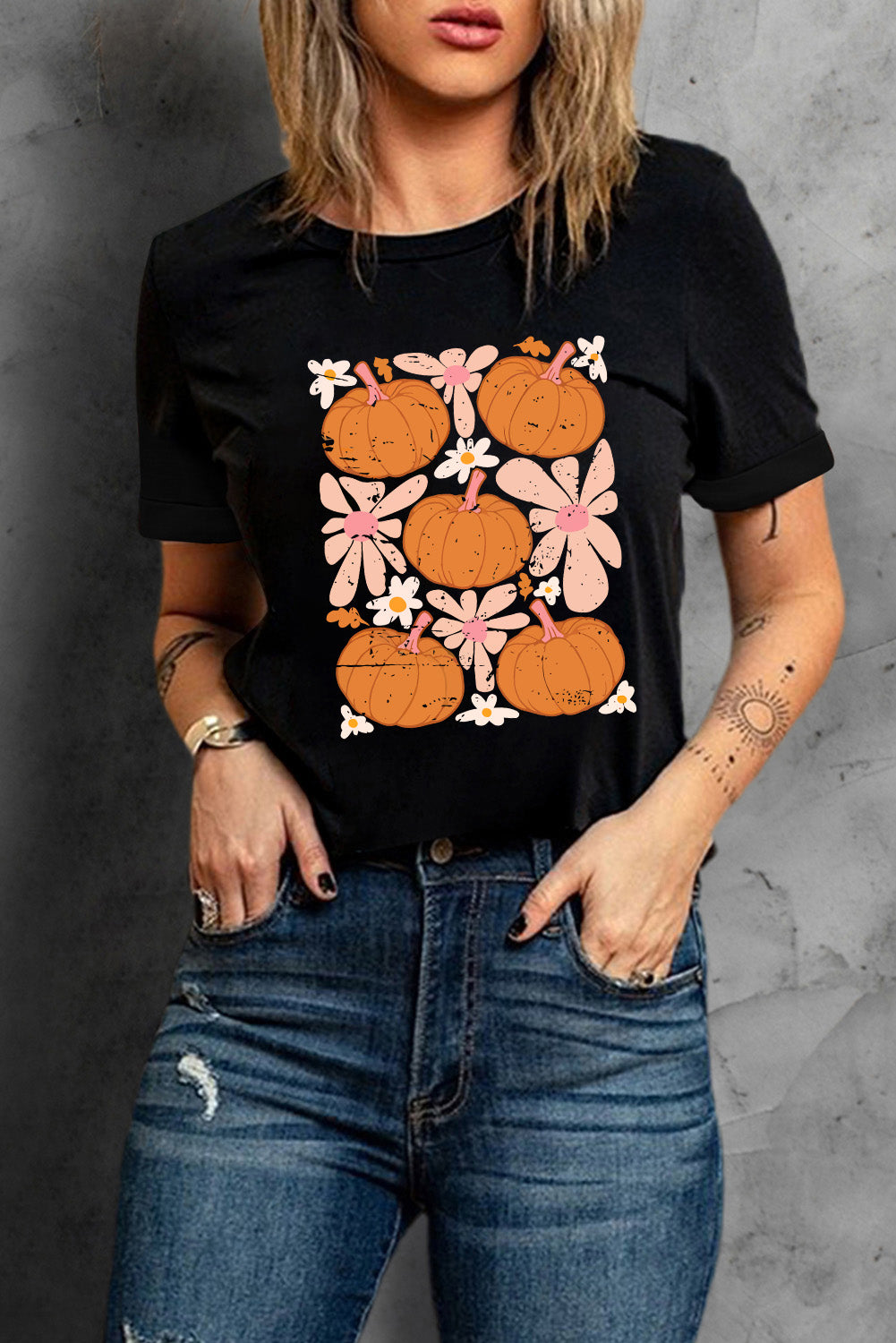 Round Neck Short Sleeve Pumpkin Graphic T-Shirt-Jewearrings