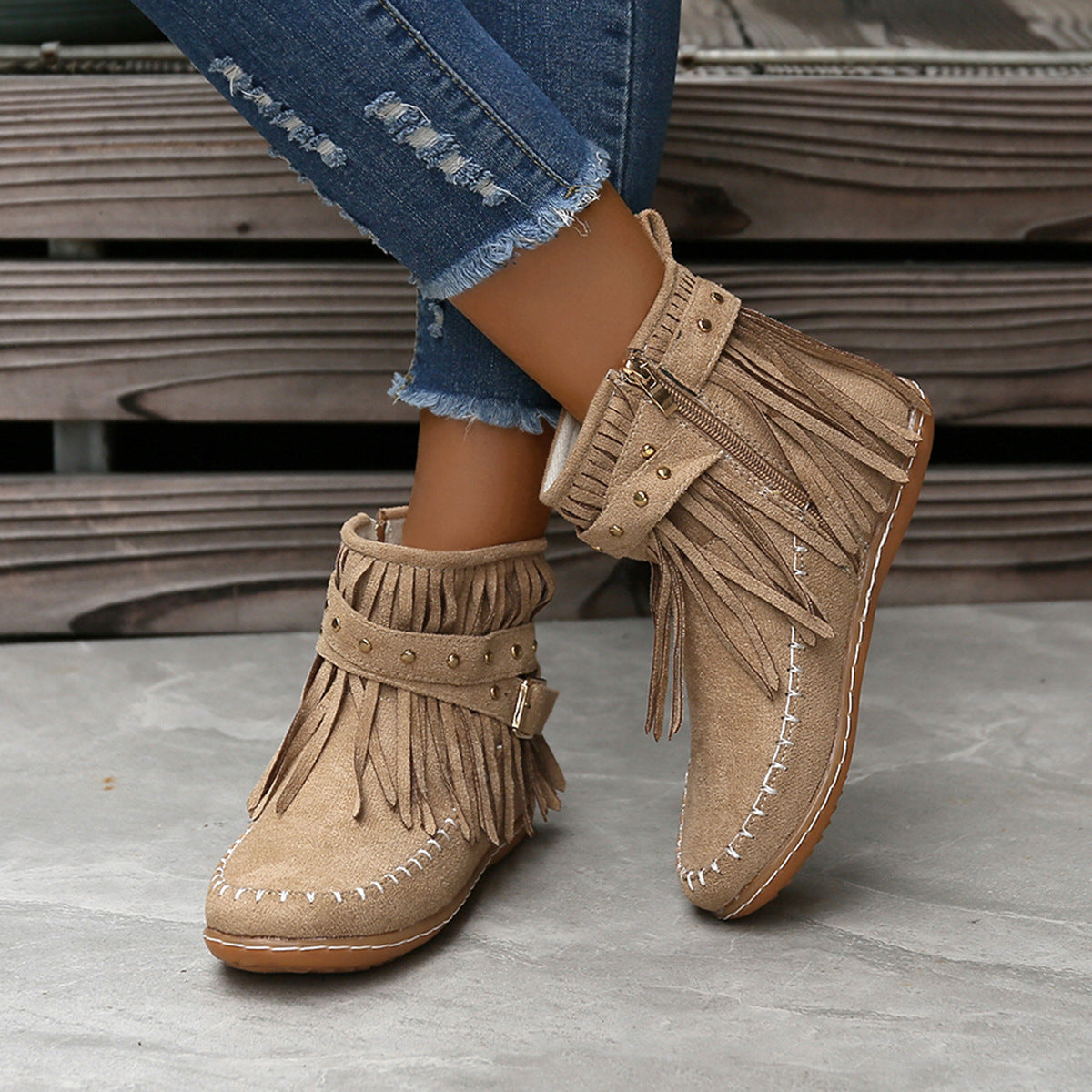 Studded Fringe Round Toe Boots-Jewearrings