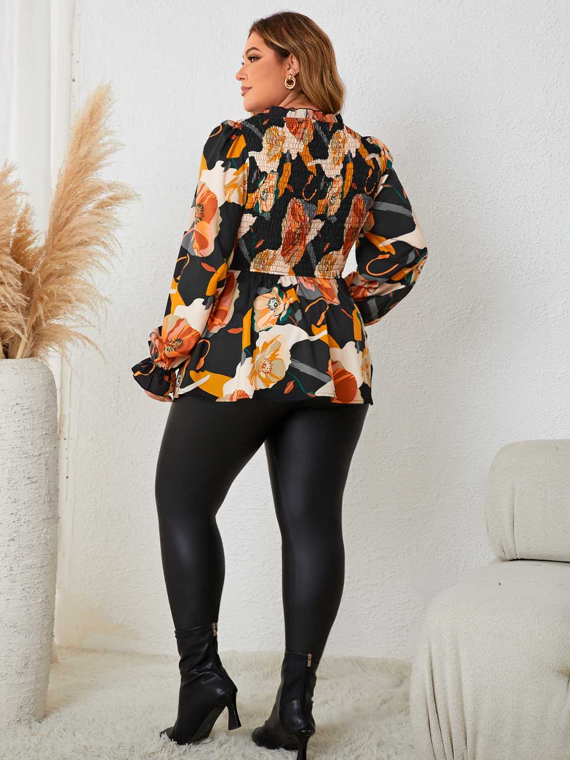 Plus Size Elastic Detail Long Sleeve Floral Babydoll Top-Jewearrings