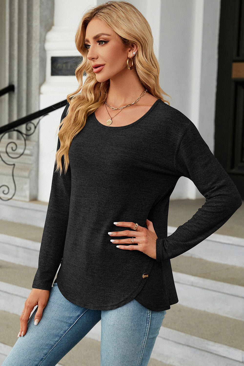 Round Neck Long Sleeve T-Shirt-Jewearrings