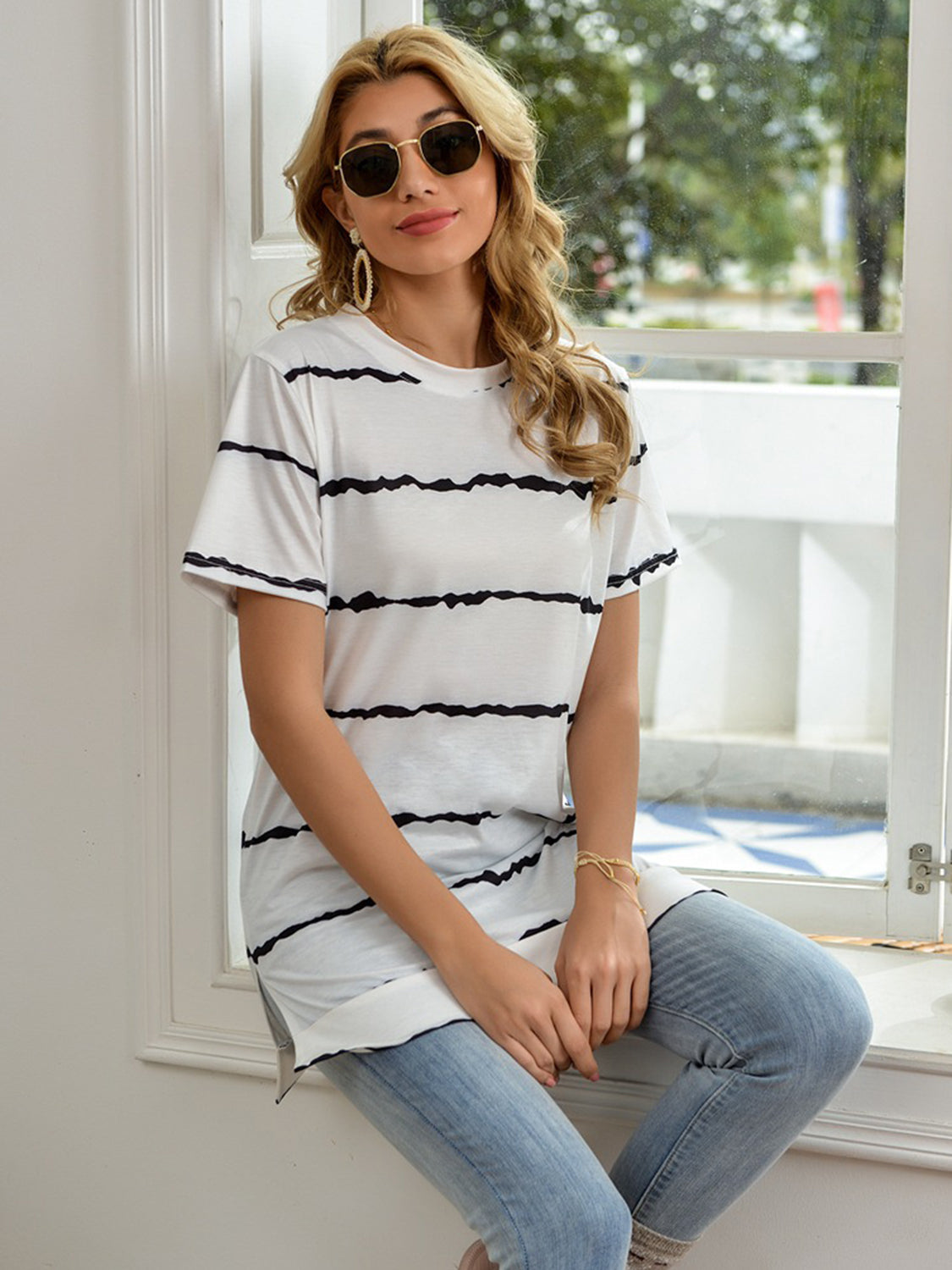 Striped Round Neck Short Sleeve T-Shirt-Jewearrings