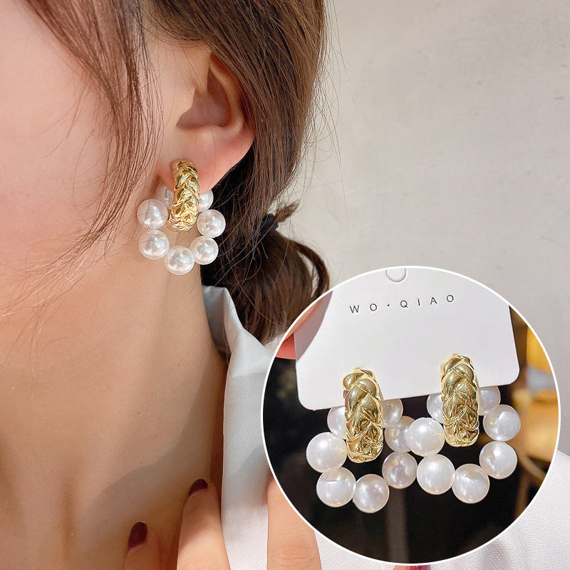 Korea All-match Rhinestone Pearl Bow Earrings-Jewearrings