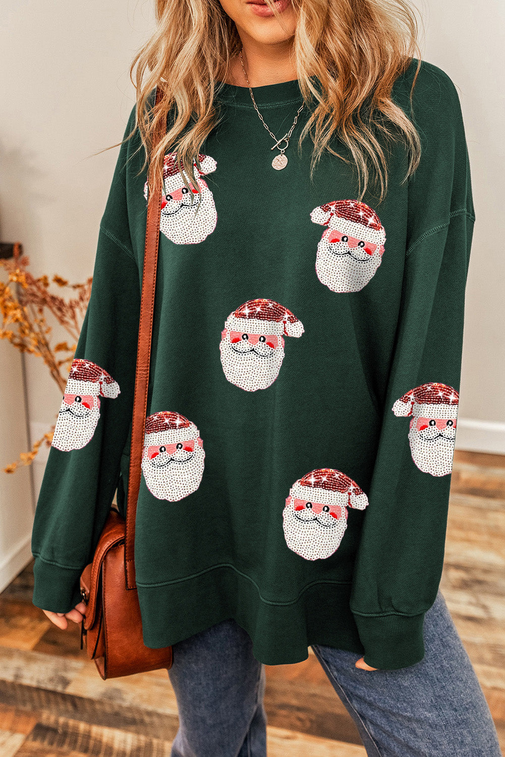 Sequin Santa Round Neck Long Sleeve Sweatshirt-Jewearrings