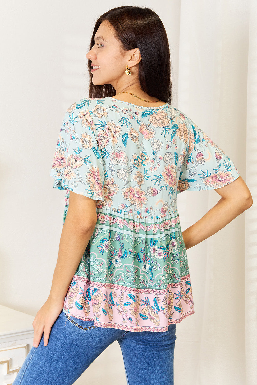 Floral Tie Neck Short Sleeve Blouse-Jewearrings