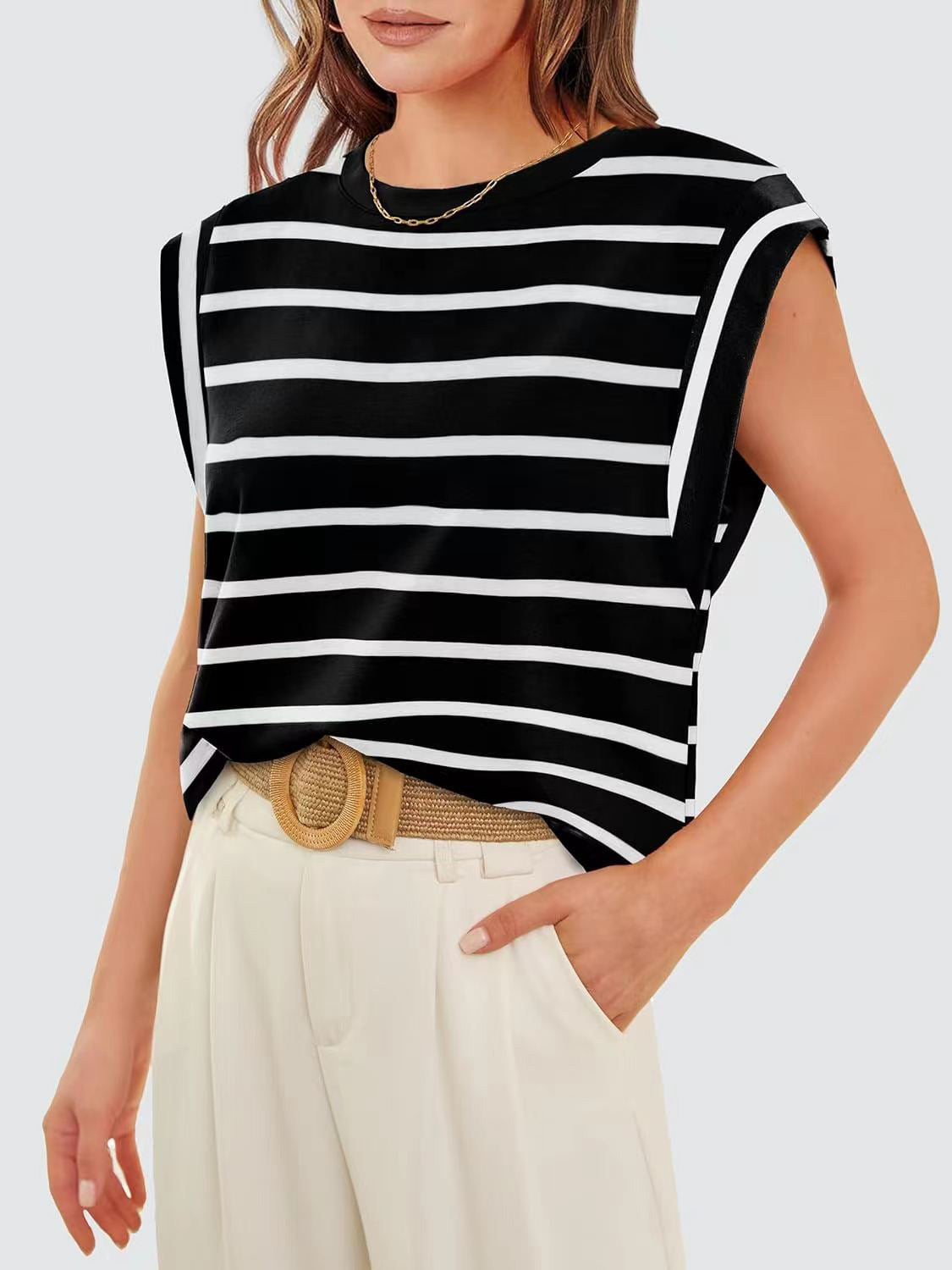 Striped Round Neck Cap Sleeve T-Shirt-Jewearrings