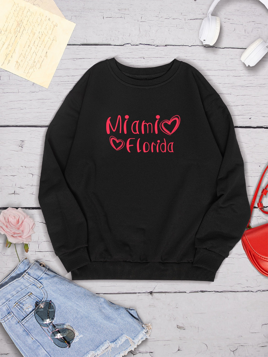 MIAMI FLORIDA Round Neck Dropped Shoulder Sweatshirt-Jewearrings