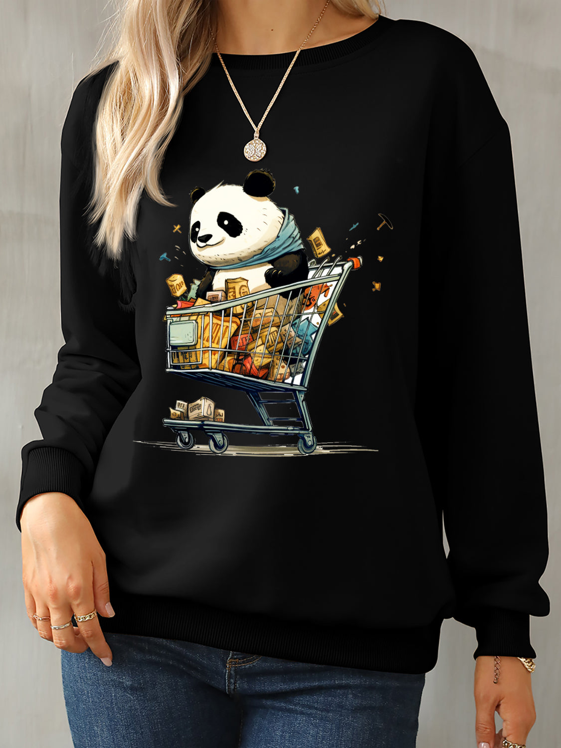 Panda Round Neck Dropped Shoulder Sweatshirt-Jewearrings