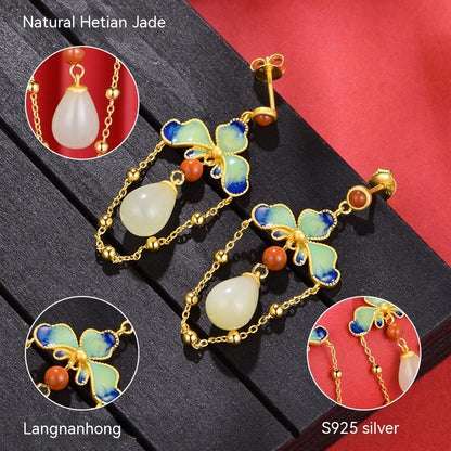 Women's Retro Chinese Style Hetian Jade S925 Silver Earrings Sense-Jewearrings