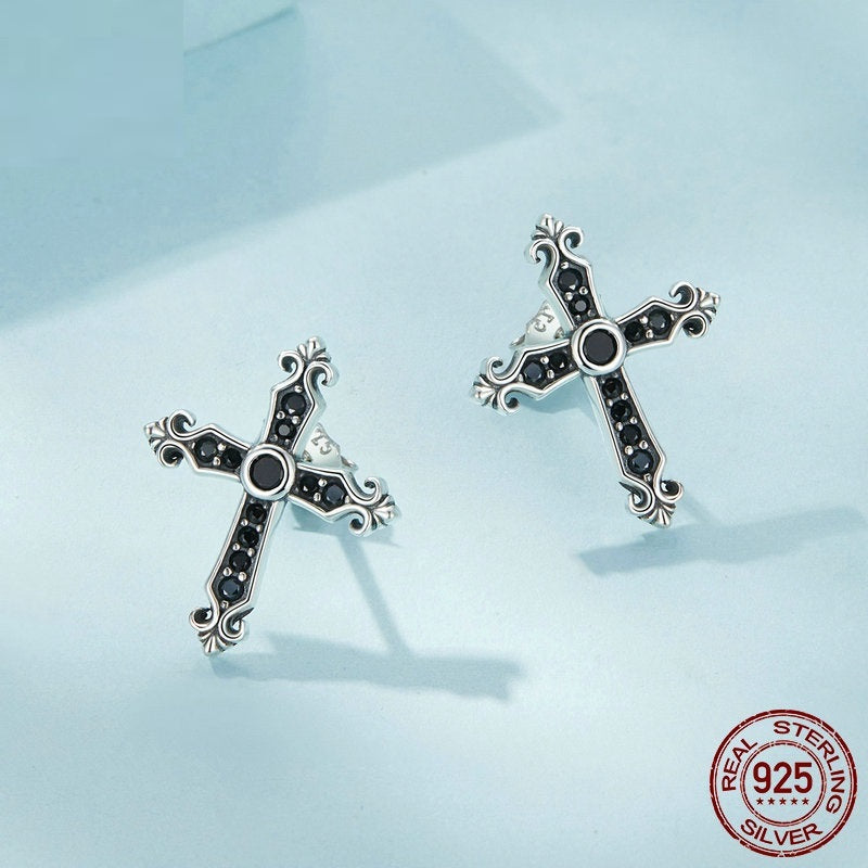 European And American Style Simple Black Vintage Cross Stud Earrings S925 Sterling Silver-Jewearrings