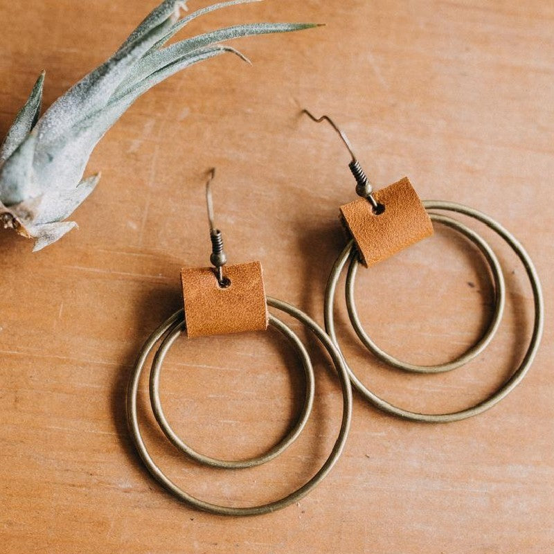 Women's Vintage Bronze Hoop Leather Earrings-Jewearrings