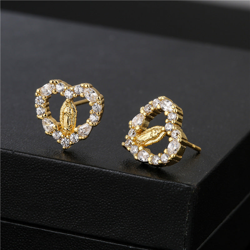 Golden Zircon Heart Maria Stud Earrings-Jewearrings