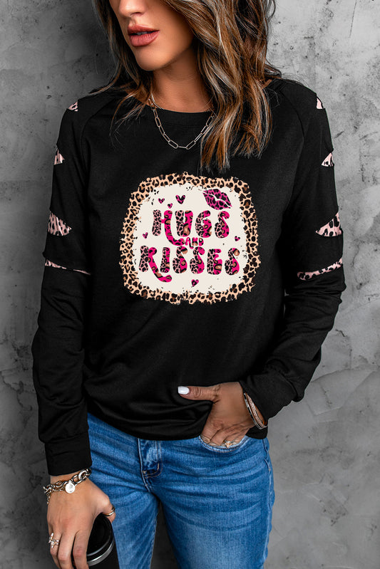 HUGS AND KISSES Leopard Round Neck Sweatshirt-Jewearrings