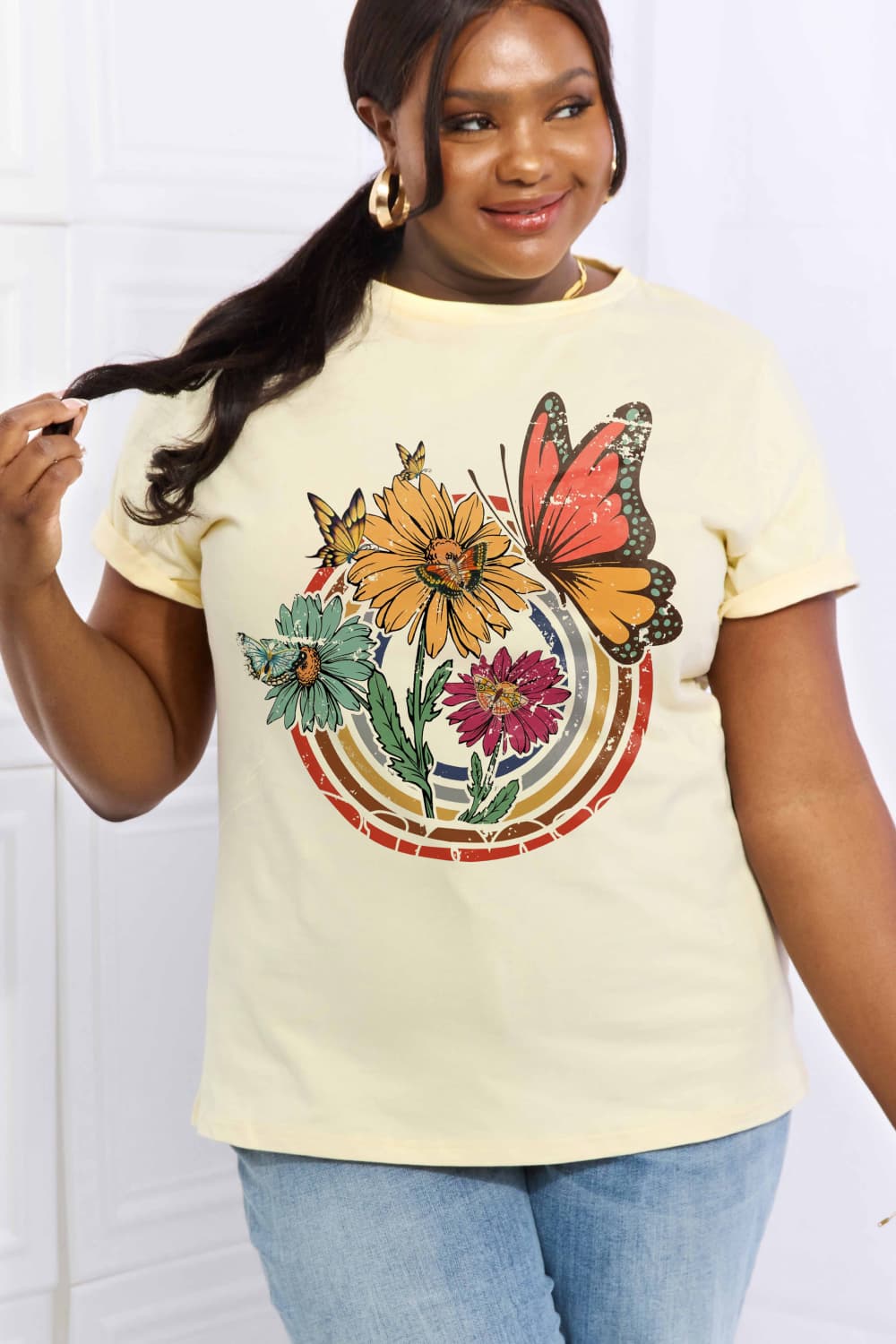 Simply Love Simply Love Full Size Flower & Butterfly Graphic Cotton Tee-Jewearrings