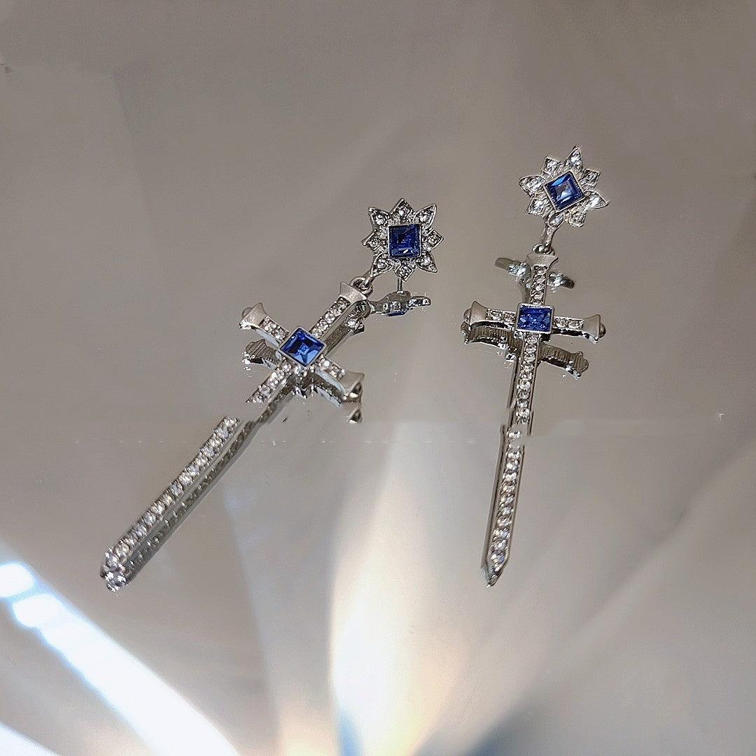 Micro Set Sapphire Cross Earrings-Jewearrings