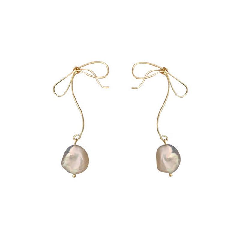 Temperament Metal Bow Natural Pearl Long Earrings-Jewearrings