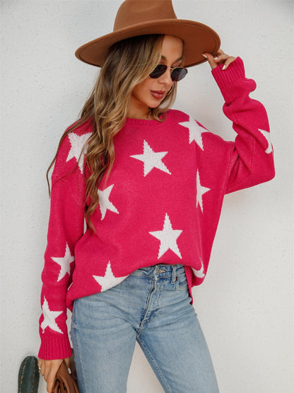 Star Round Neck Dropped Shoulder Sweater-Jewearrings