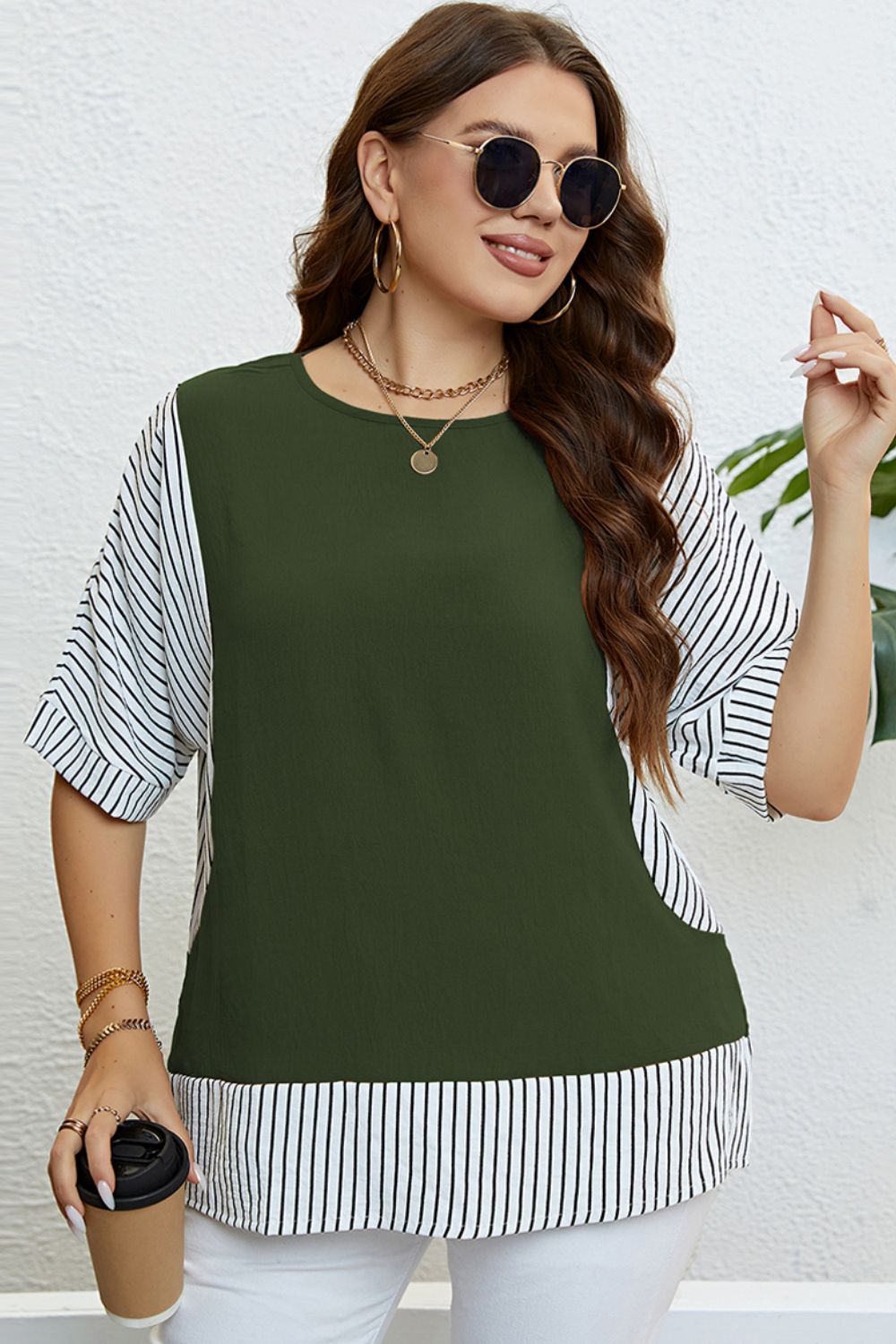 Plus Size Striped Round Neck Half Sleeve Top-Jewearrings