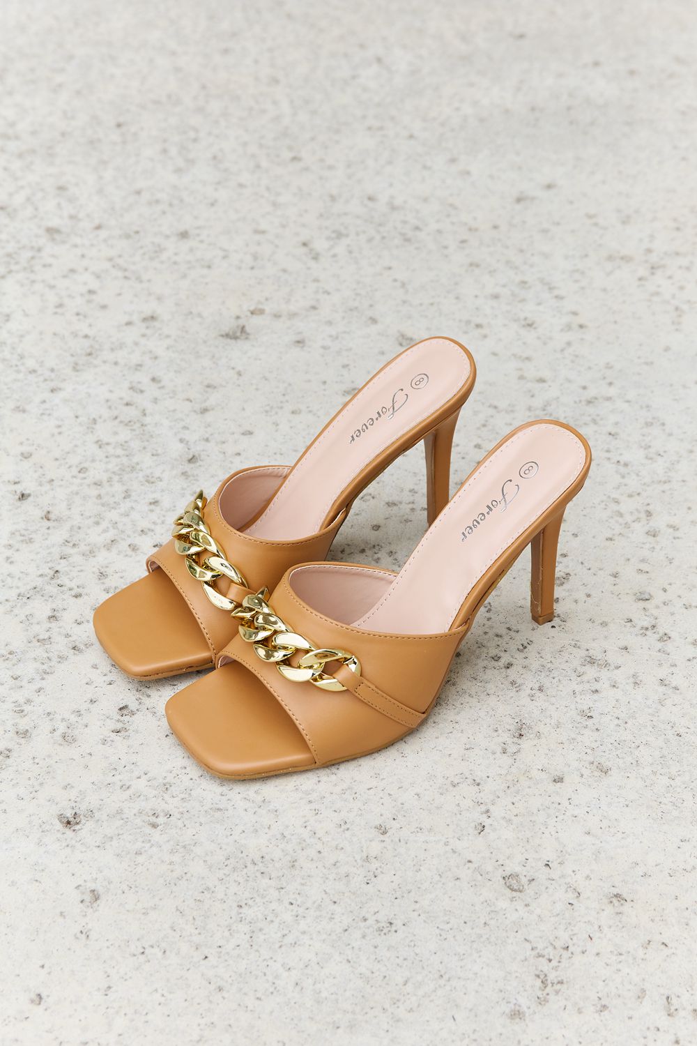 Forever Link Single Strap Chain Detail Mule Heels in Tan-Jewearrings