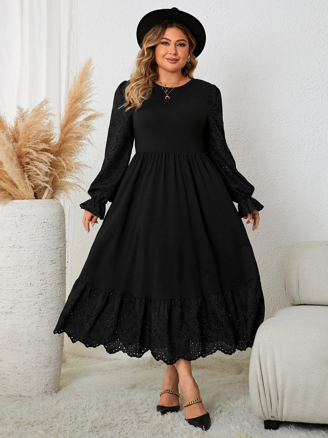 Plus Size Flounce Sleeve Lace Detail Dress-Jewearrings