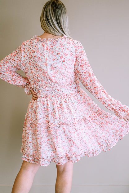 Plus Size Floral V-Neck Frill Long Sleeve Dress-Jewearrings